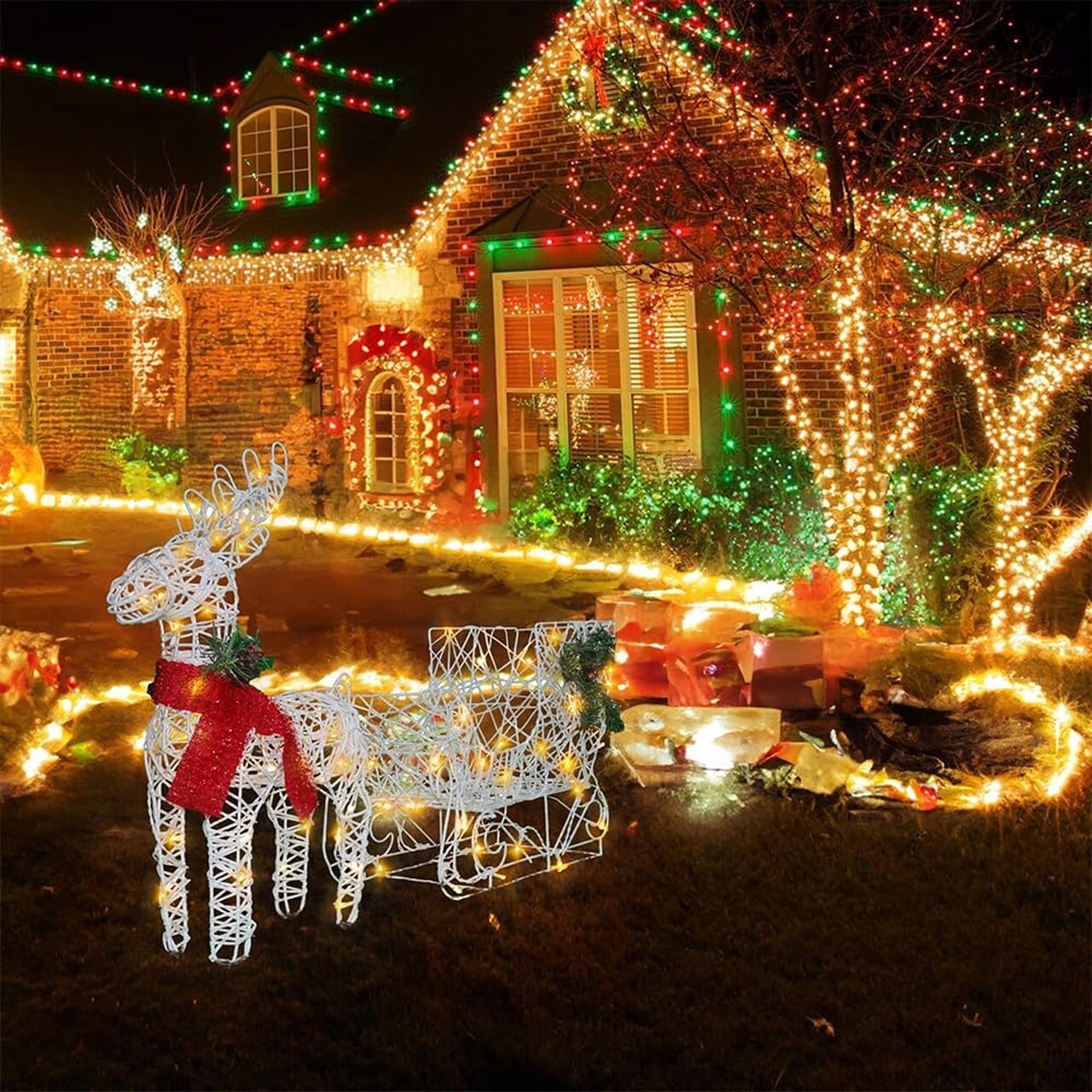 Holiday LED Brown Reindeer with Sleigh, Warm White Twinkling Christmas Lights